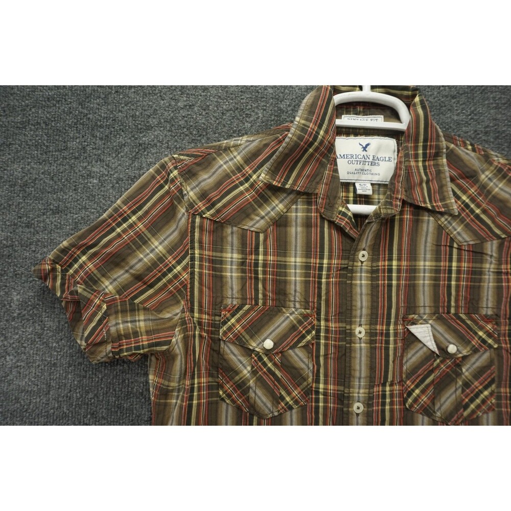 American Eagle Button Up Shirt Mens Small Short Sleeve Pearl Snap Pocket Western